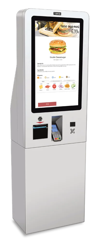 Quiosc en columna T-Quiosk 200 amb pantalla de 32″, impressora, espai per al pinpad i lector QR