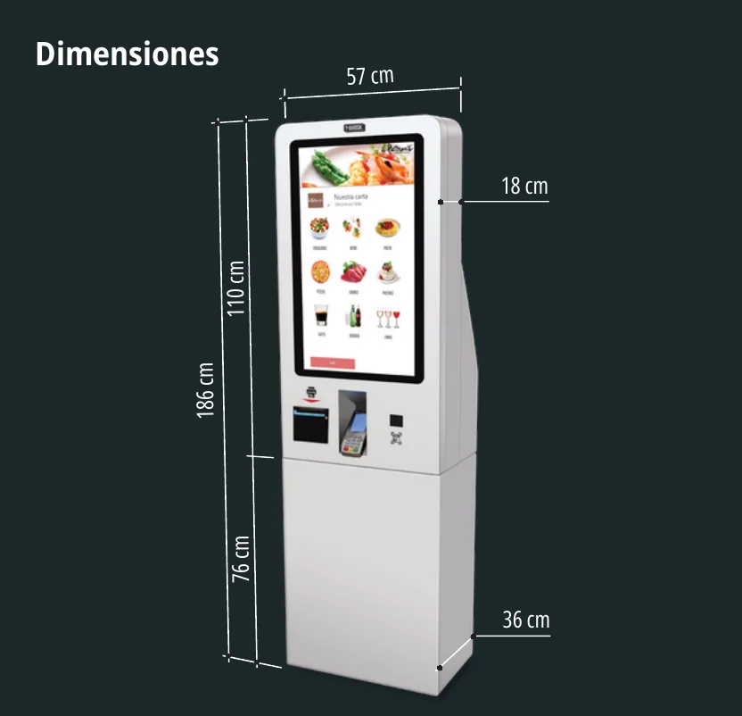 Dibuix de dimensions del T-Quiosk 200: 57 cm d’amplada, 186 cm d’alçada i 36 cm de fondària