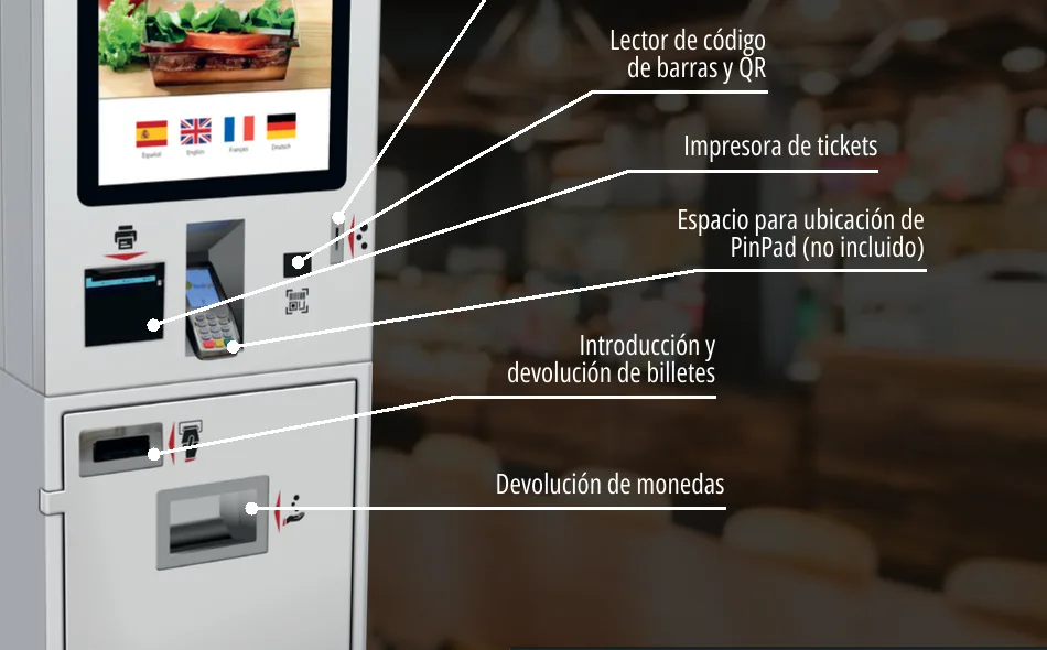 Detalle de la zona de cobro del TQ-210: lector QR, impresora, hueco para pinpad, entrada de billetes y salida de monedas