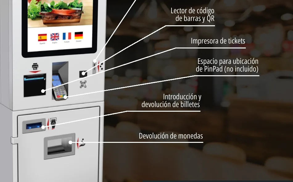 Detall de la zona de cobrament del T-Quiosk 240: impressora, espai per al pinpad, entrada de bitllets i eixida de monedes