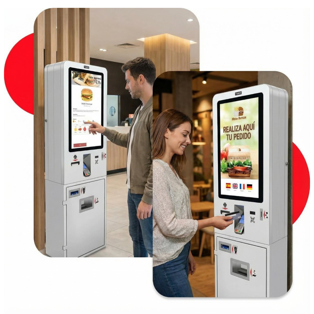 Clientes realizando pedidos en un kiosco de autoservicio con pantalla táctil