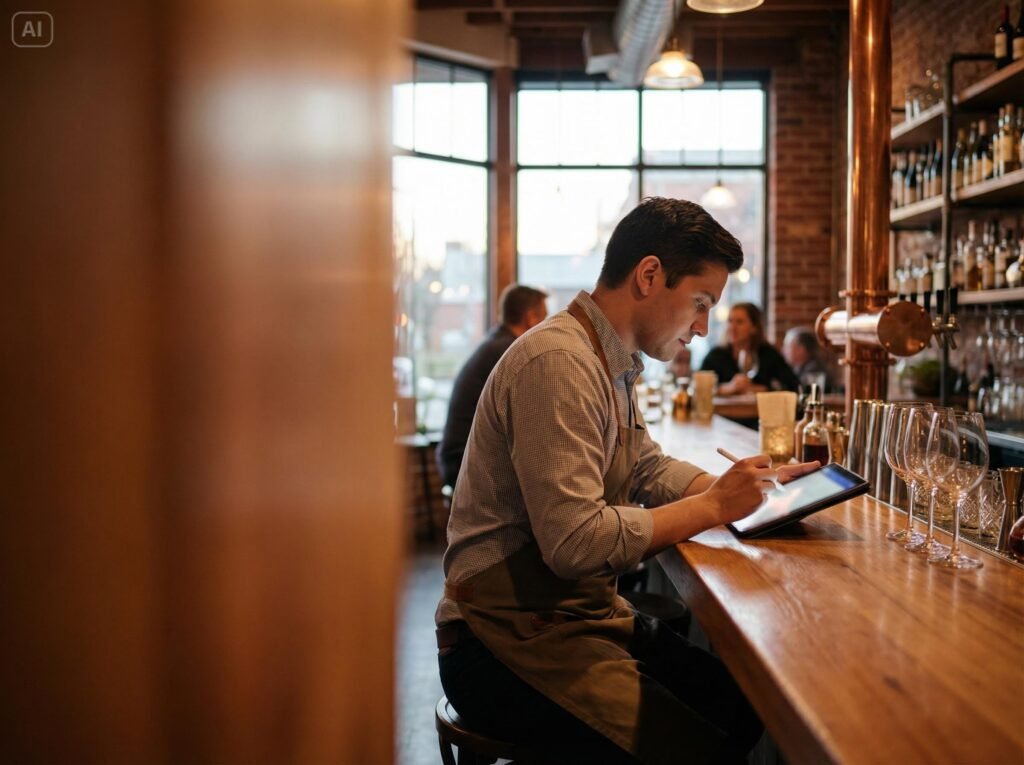 Trabajador de restaurante analizando resultados en una tablet