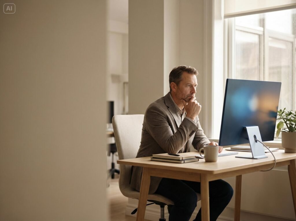 Dueño de negocio analizando resultados ensi oficina usando su computador
