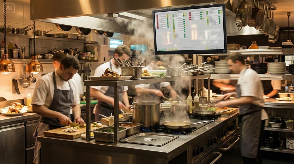 Cocineros trabajando en un restaurante con una Pantalla mostrando estado de pedidos