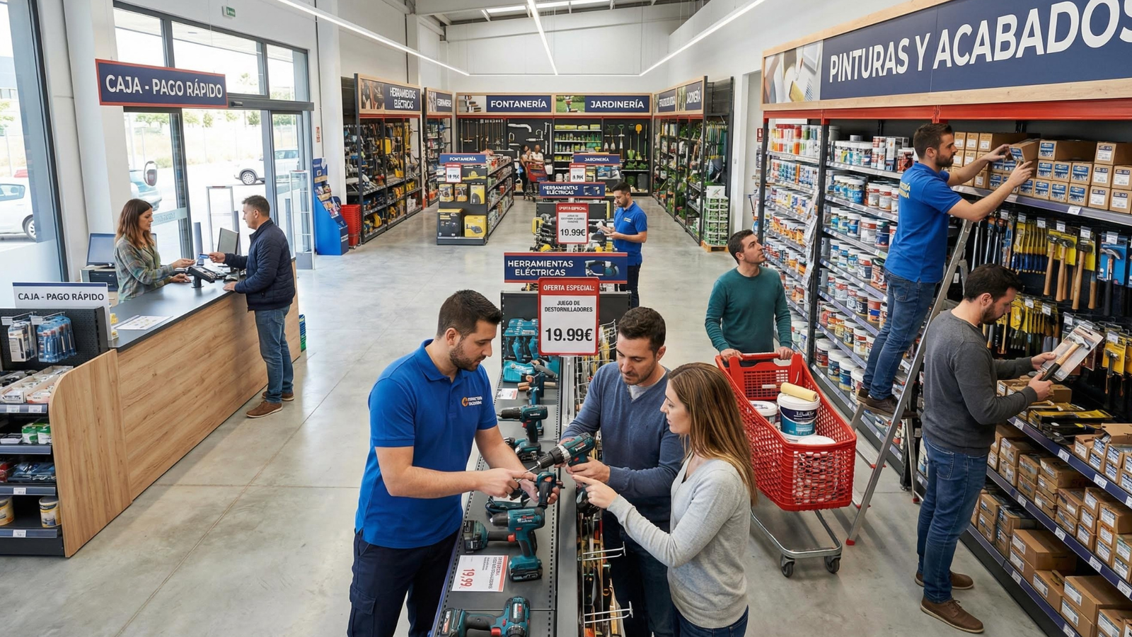Clientes comprando herramientas y siendo asesorados en una ferretería amplia