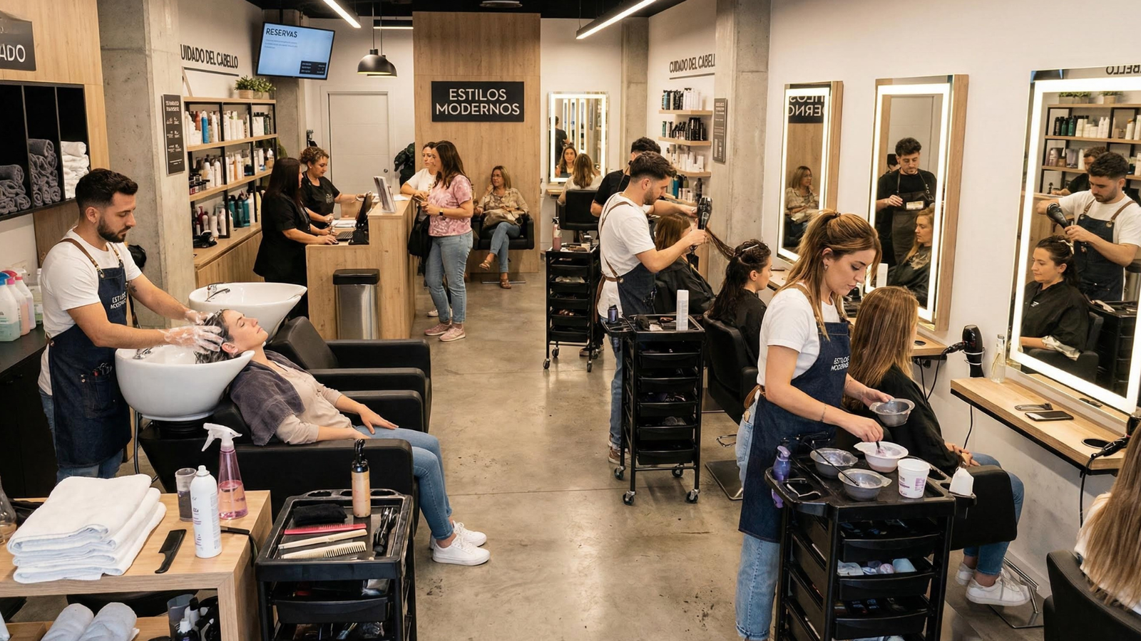 Clientes siendo atendidos por estilistas en un salón de peluquería moderno