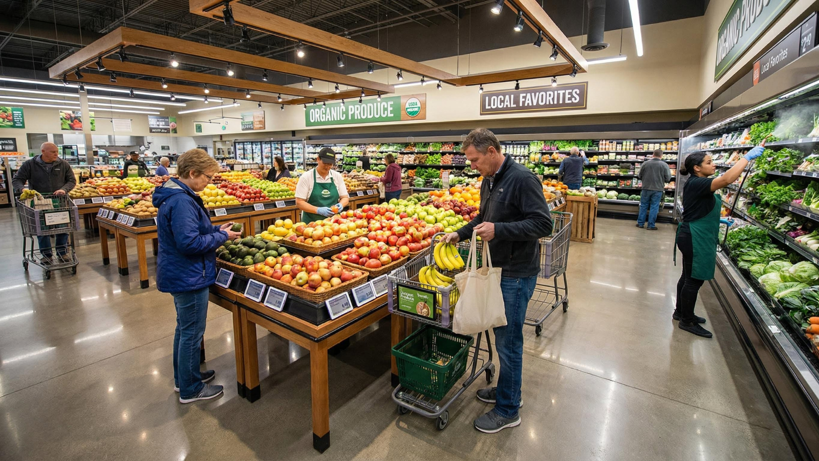 Clientes seleccionando frutas y verduras en un supermercado con zona de productos frescos