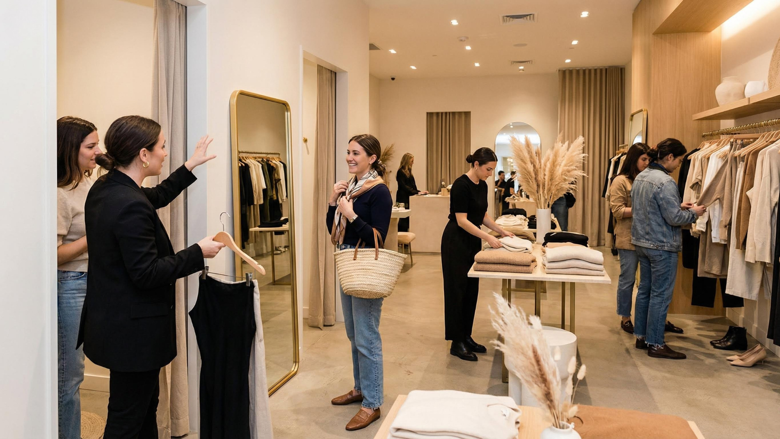 Clientes comprando y siendo asesorados en una boutique de ropa