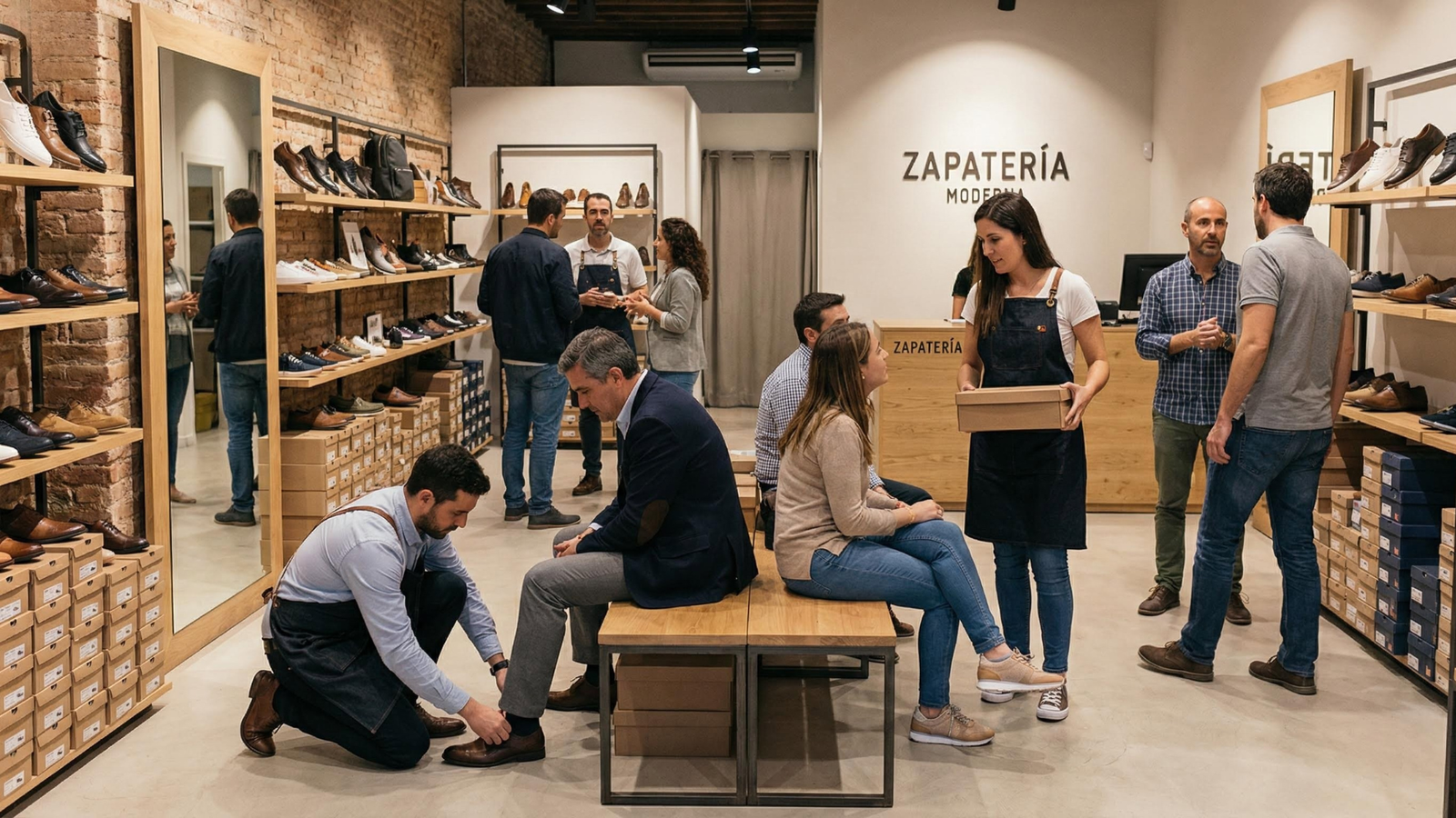 Clientes siendo atendidos y probándose calzado en una zapatería moderna