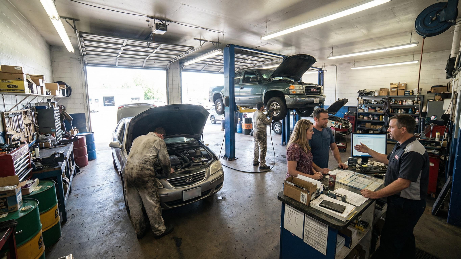 Taller mecánico con vehículos en reparación y clientes siendo atendidos en el mostrador