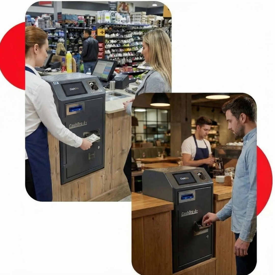 Clientes utilizando un sistema cashdro de gestión de efectivo en el punto de venta