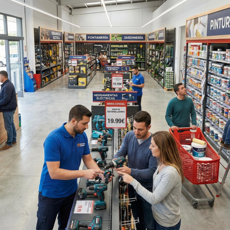 Clientes comprando herramientas y siendo asesorados en una ferretería amplia
