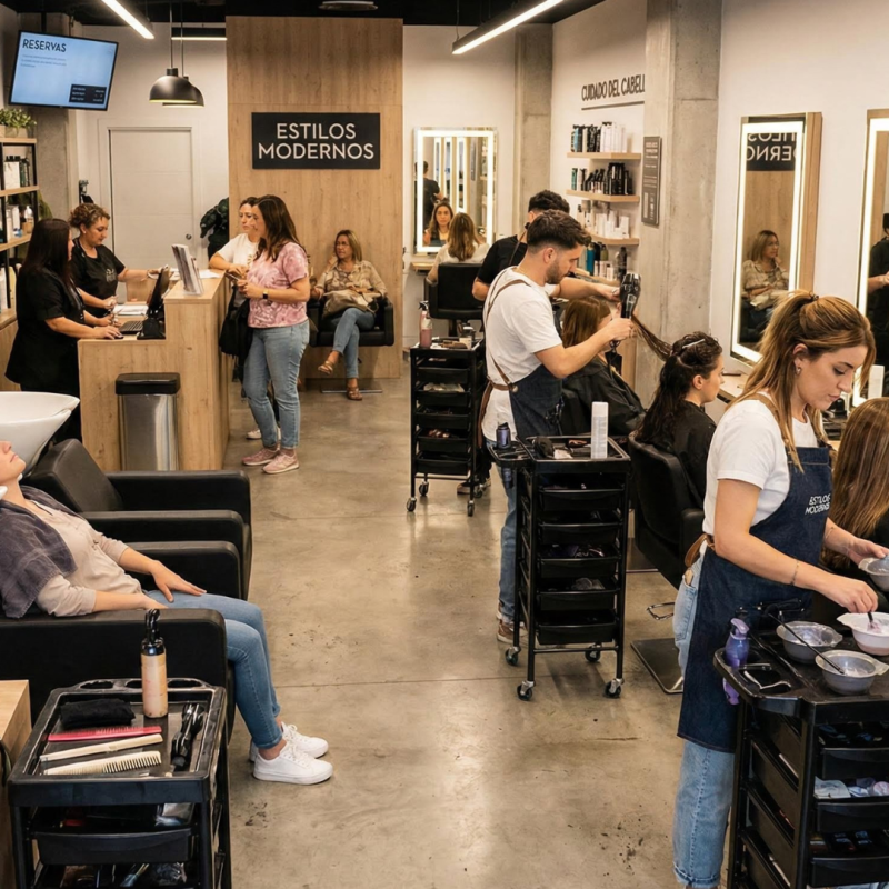 Clientes siendo atendidos por estilistas en un salón de peluquería moderno