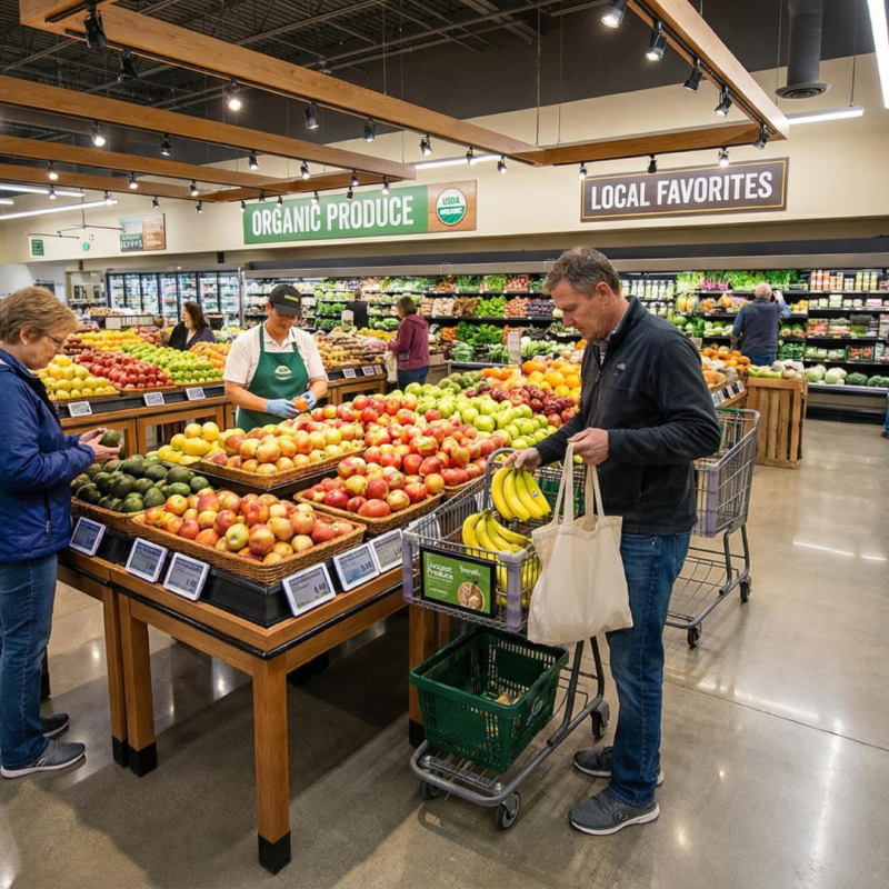 Clientes seleccionando frutas y verduras en un supermercado con zona de productos frescos