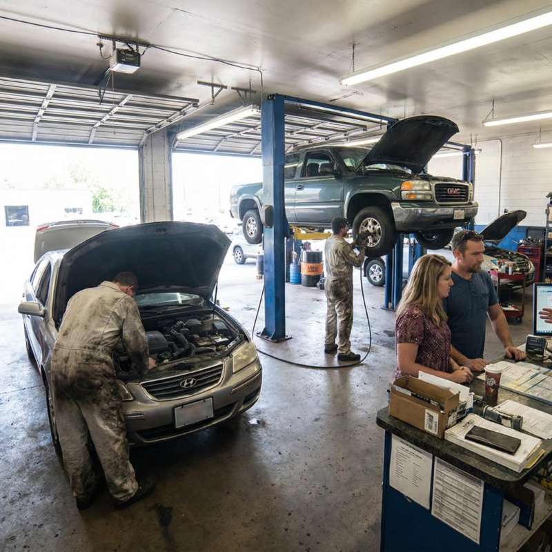 Taller mecánico con vehículos en reparación y clientes siendo atendidos en el mostrador